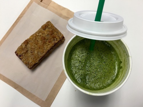 From Starbucks:A tall Green Tea Latte and a Michigan Cherry Oat Bar.Cost: $6.42