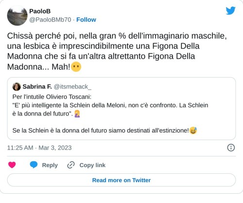 Chissà perché poi, nella gran % dell'immaginario maschile, una lesbica è imprescindibilmente una Figona Della Madonna che si fa un'altra altrettanto Figona Della Madonna... Mah!😶 https://t.co/ZervlW8urD  — PaoloB (@PaoloBMb70) March 3, 2023