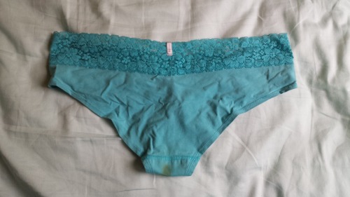 violet8kay:  Blue extra low rise bikini with lace trim. Medium.Permanent period stains… wore them nonetheless. Got them soaked last night. 