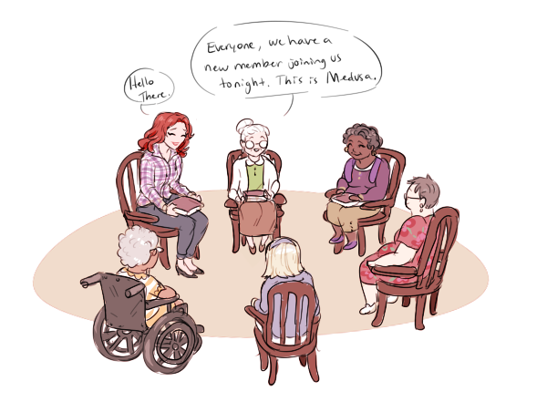 old lady introducing the newest old lady to the old lady book club(tiny doodle gift