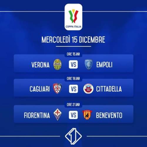 Nuova giornata di #CoppaItalia su #Italia1!
Tre sfide a eliminazione diretta con Hellas Verona, Empoli, Cagliari, Cittadella, Fiorentina e Benevento impegnate per accedere agli ottavi di finale...