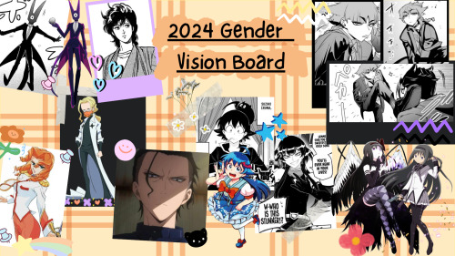 A gender vision board for 2024 with various manga and anime characters that inspire gender envy for Pirate. The background is a soft yellow and orange plaid. The characters on the board is Alikred from Welcome to Demon School Iruma-Kun, Kaori from City Hunter, Shirō from Kill la Kill, Juri from Revolutionary Girl Utena, Rei from Buddy Daddies, Iruma from Iruma-Kun, Opera from Iruma-Kun, and Homura from Madoka Magica.