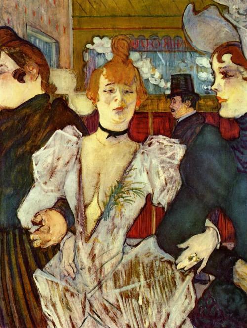 artist-lautrec:La Goulue Arriving at the Moulin Rouge with Two Women, 1892, Henri de Toulouse-Lautre