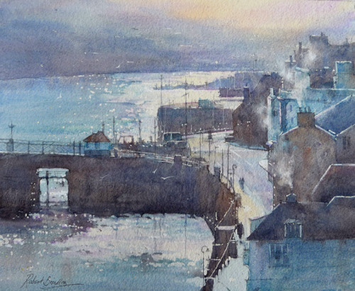 Smoke And Light , Whitby Harbour   -  Robert BrindleyBritish, b.1949-Watercolour