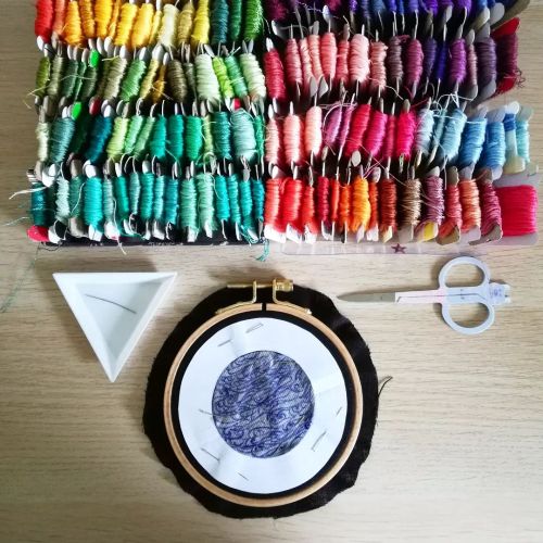  “Saturn”Work in progress…The material :- a hoop ; linen ; felt ; scissors (for f