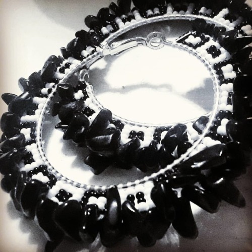 Black and white hoops. Made with opaque seed beads and edged with black stone chips. $45 plus shippi