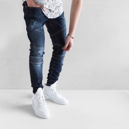 Introducing The Dark Blue denim, featuring minor paint splatter, slight distressing & a stone wa