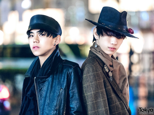 Japanese students Shota and Ryunosuke on the street in Harajuku. Shota is wearing a leather jacket, 