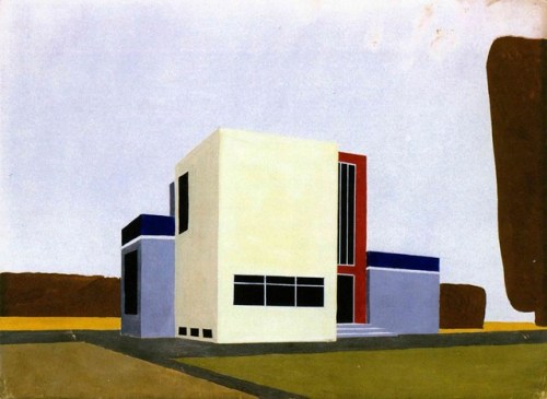 rosswolfe: Farkas Molnar, Project for a single-family house, Inscribed 1922, Gouache over pencil on 