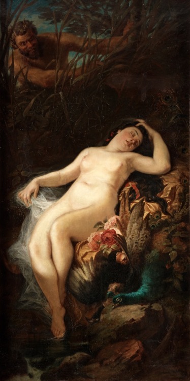 Nymphe im Wald / Nymph resting in a forest.1876.Oil on Canvas.175 x 88 cm.Art by Gustav Adolf Goldbe