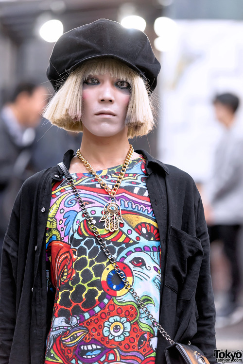 Ellen on the street in Harajuku wearing a Dog Harajuku shirt with Monomania pants, New Rock boots, a