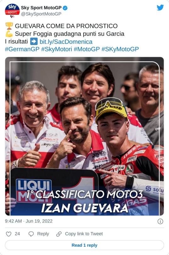 🏆 GUEVARA COME DA PRONOSTICO 💪 Super Foggia guadagna punti su Garcia I risultati ➡ https://t.co/zzjM3cS6AA#GermanGP #SkyMotori #MotoGP #SKyMotoGP pic.twitter.com/9LzdXrAeM3  — Sky Sport MotoGP (@SkySportMotoGP) June 19, 2022