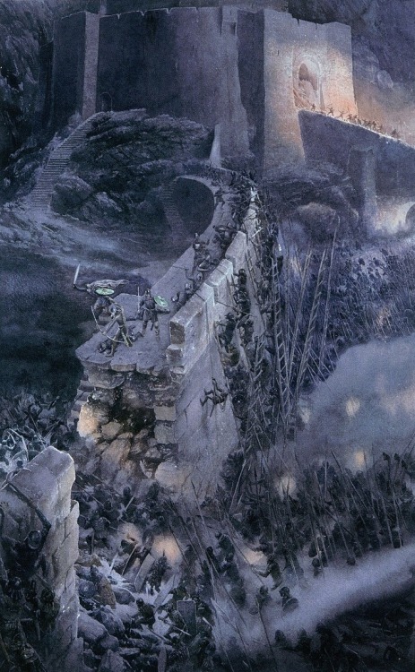 tolkienillustrations: The Battle of Helm’s Deep by Alan Lee Against the Deeping Wall the hosts of Isengard roared like a sea. Orcs and hillmen swarmed about its feet from end to end. Ropes with grappling hooks were hurled over the parapet faster than