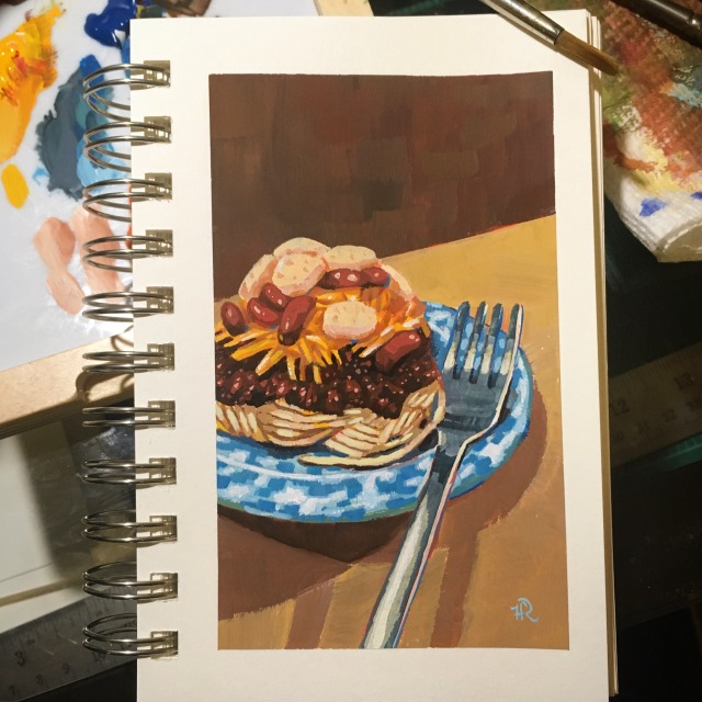 a painting of cincinnati chili, fork resting on the plate.