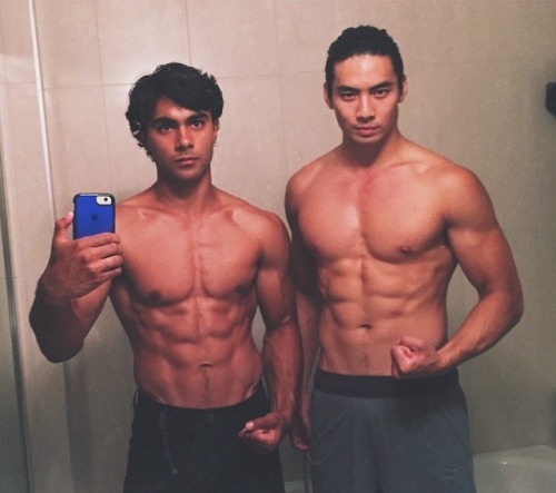 leprinceofsins:  shadesandsupers:Brennan Mejia as Tyler Navarro (Red Ranger)Yoshi Sudarso as Koda (Blue Ranger)Instagram hotties, selfie experts, and Power Ranger buddies