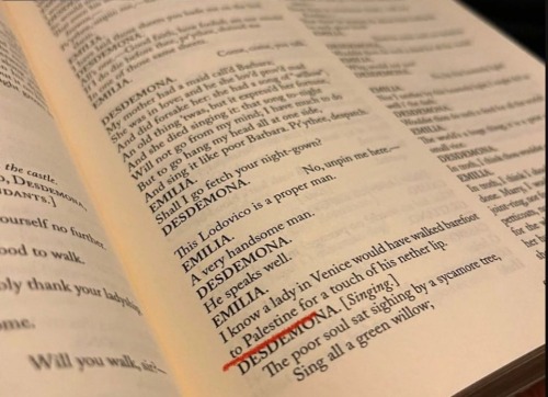 {A picture of the play "Othello" by Wiliam Shakespeare. One line is marked that stands out and it says as follows; {"I know a lady in Venice would have walked barefoot to Palestine for a touch of his nether lip."}}