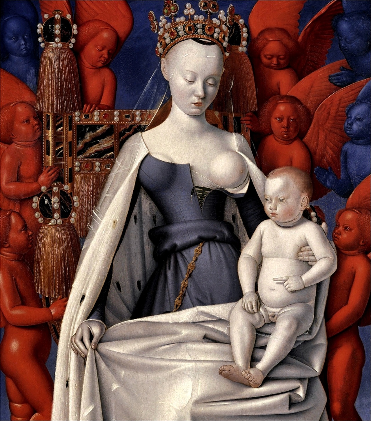 Jean (or Jehan) Fouquet
[French Early Renaissance Painter, ca.1420-1477]
Madonna Surrounded by Seraphim and Cherubim, 1452
oil on oak wood, Height: 94.5 cm (37.2 in). Width: 85.5 cm (33.7 in). Depth: 1.2 cm (0.5 in).
Royal Museum of Fine Arts...