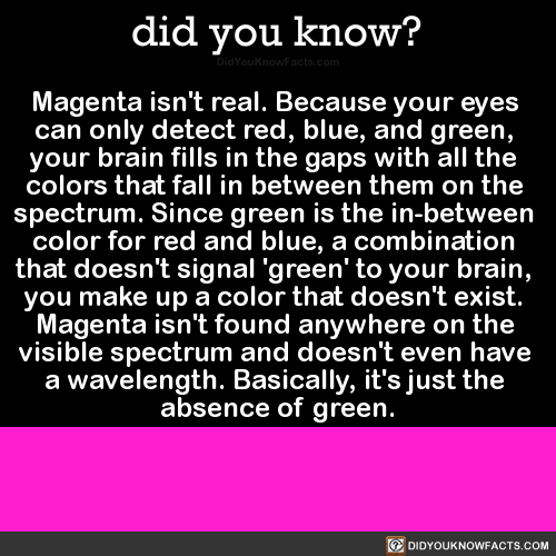 aerospace-explorer: did-you-kno:  did-you-kno:      Magenta isn’t found anywhere