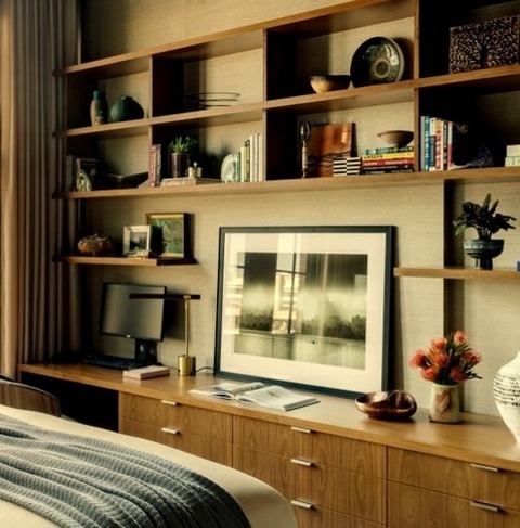Master BedroomBedroom - Mid-sized Industrial Master Dark Wood Floor Bedroom Idea With Multicolored Walls