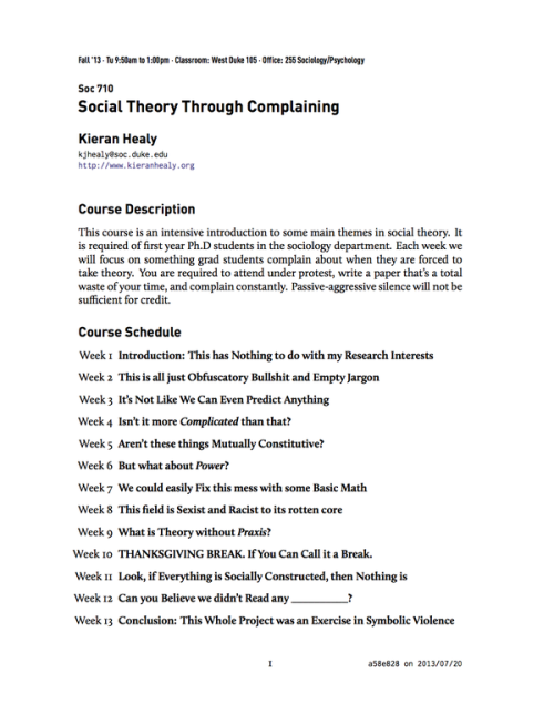 Social theory through complainingThis course is an intensive introduction to some main themes in soc