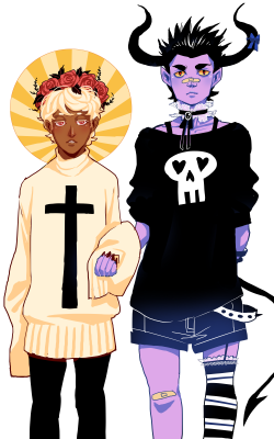 japhers:  took a short break from tumblr and gaia commissions~ I revert to these two when I have no inspiration idk maybe I’ll name them Gabriel and Asmodeus or Aziraphale and Crowley lmaaaaaaaaoooooooo