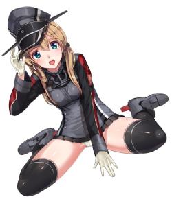 艦隊これくしょん、プリンツ・オイゲン（艦これ）、akasaai、パンツ、パンチラ、ロングヘア、ツインテール、ダッチアングル、サイハイソックス、一人、下着、制服、女一人、帽子、ひさしのついた帽子、手袋、笑顔、シンプル背景、赤面、軍、軍服、金髪、開口、髪飾り