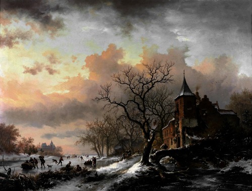 aqua-regia009: Castle in a winter landscapeand skaters on a frozen river (1855)by Fredrik Marinus Kruseman (1816-1882)