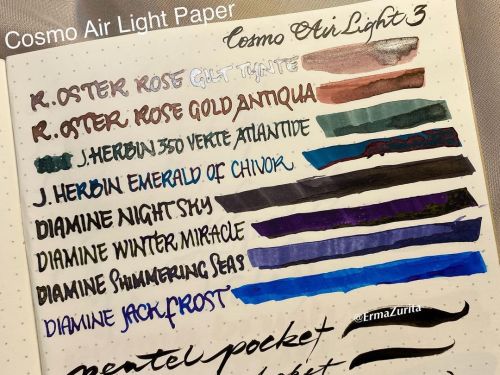 Here are the Fountain Pen Shimmering Ink samplers from @GouletPens on Cosmo Air Light paper. Yes, I 