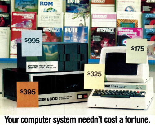 Southwest Technical’s  computer and the CT-64 terminal, and a photo of its 64x16 textmode