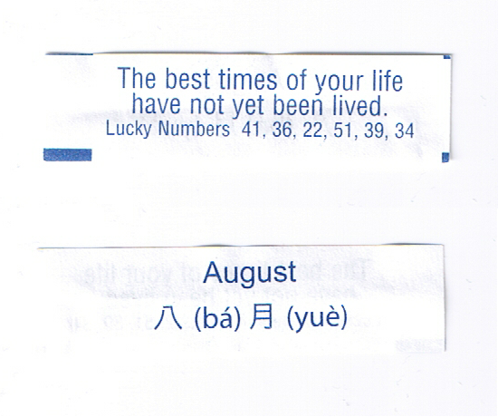 fortuneaday:
“[A white fortune cookie paper with blue text. Front: The best times of your life have not yet been lived. Lucky Numbers 41, 36, 22, 51, 39, 34 Back: August, Chinese text 八 (bā) 月 (yuè)]
”