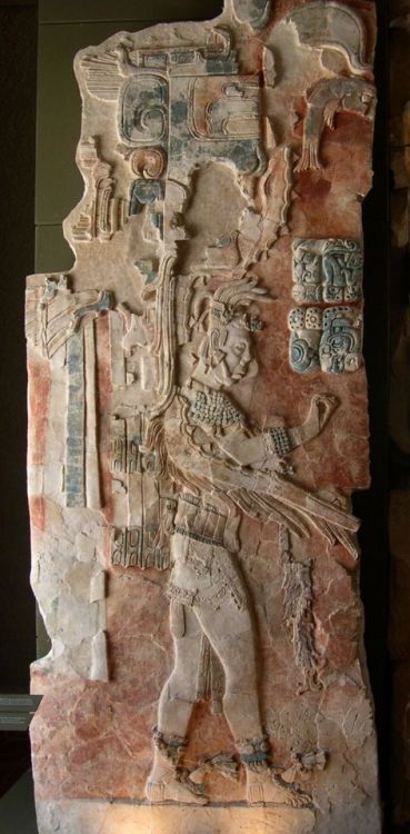 A painted stucco relief in the museum at Palenque, a Maya ruin in Chiapas, Mexico, from one of the r