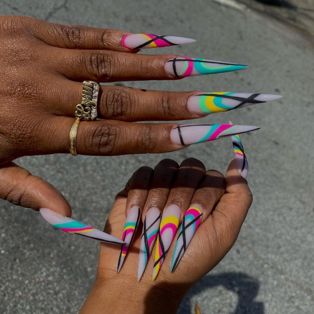 Black colorful long nails - YouTube