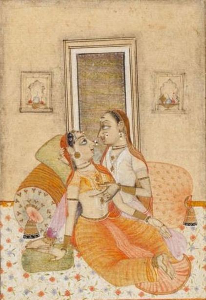 vintageindianclothing:   Women lovers are depicted exchanging love letters, visiting one another by 