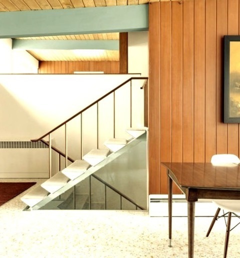 Open Living RoomLiving Room - Mid-sized 1950s Open Concept White Floor, Exposed Beam And Wood Wall Living