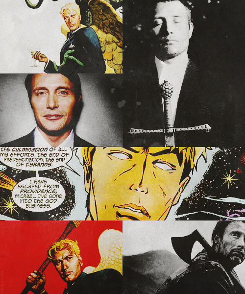 hellotailor:thymoss:mads mikkelsen as lucifer His eyes glitter, bright and burning, looking up from 
