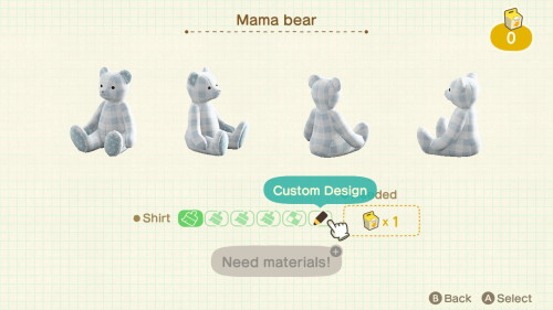 Item: mama bear# of customizations: 5Customization names: none, red stripes, blue stripes, yellow st