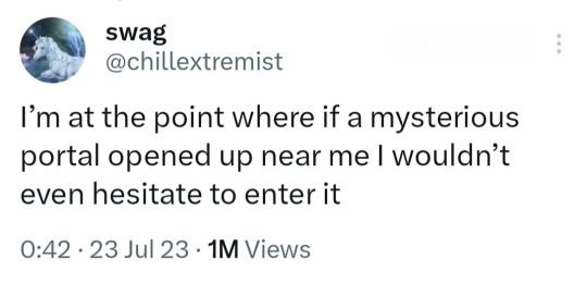 A screenshot of a Twitter post from user @chillextremist that reads: I'm at the point where if a mysterious portal opened up near me I wouldn't even hesitate to enter it.