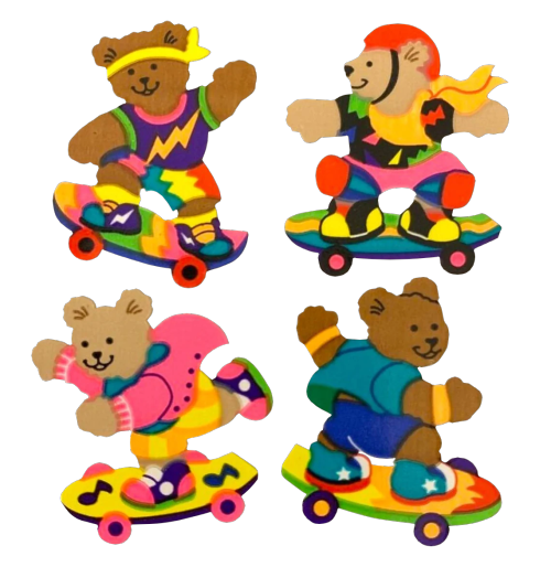 transparentstickers:Four stickers from Sandylion featuring bears in radical 80′s fashion riding on d