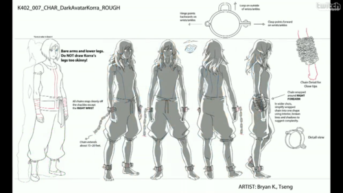 onceanavatar:  I was looking at Korra’s design evolution post when something caught my eye:  If you open it up and look at the text on the left by her head it says, “Bare arms and lower legs. Do NOT draw Korra’s legs too skinny!” I don’t