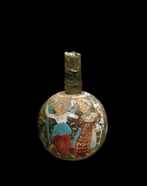 romegreeceart:Roman glass bottle depicting Apollo and MarsyasMarsyas was a satyr who challenged Apol