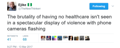 nothing-human-is-alien-to-me: berniesrevolution:  “Of all the forms of inequality, injustice in health care is the most shocking and inhumane.” - Martin Luther King Jr.  I’m a nurse in a large city hospital. A couple of weeks ago I watched a 47-year-old