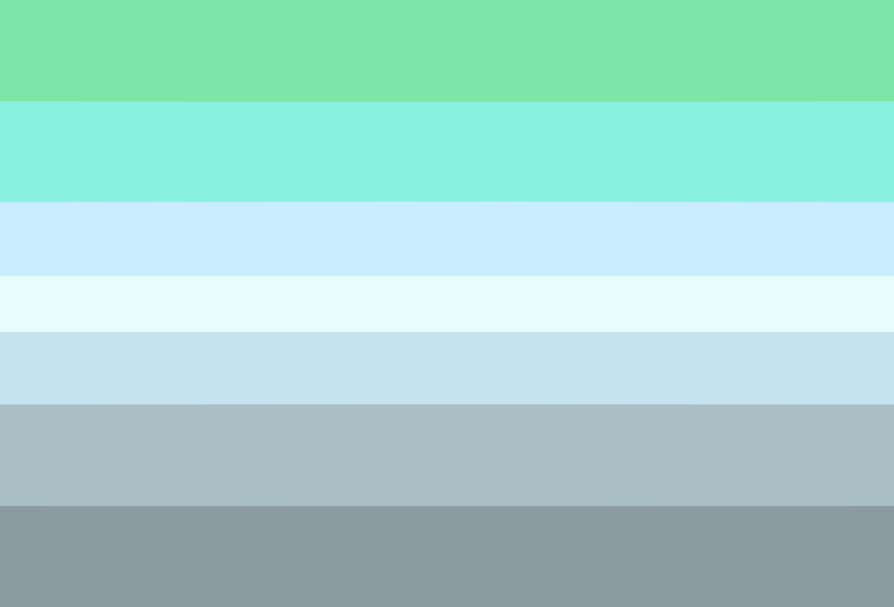 A pride flag with 6 horizontal stripes. They are teal, blue-green, light blue, light blue-gray, cool gray, and gray. In the middle there is a thin horizontal blue-white stripe.