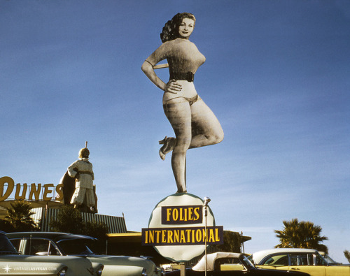 burleskateer: vintagelasvegas:  Vintage photo from February of 1958, features a billboard of Tempest Storm over the parking lot of the ‘DUNES Casino’ Hotel; promoting her appearance in Harold Minsky’s “Folies International”.. 