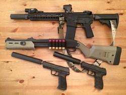 house-of-gnar:  Colt lower/KAC upper SBR, Remington 870 SBS, and suppressed Heckler &amp; Koch pistols 