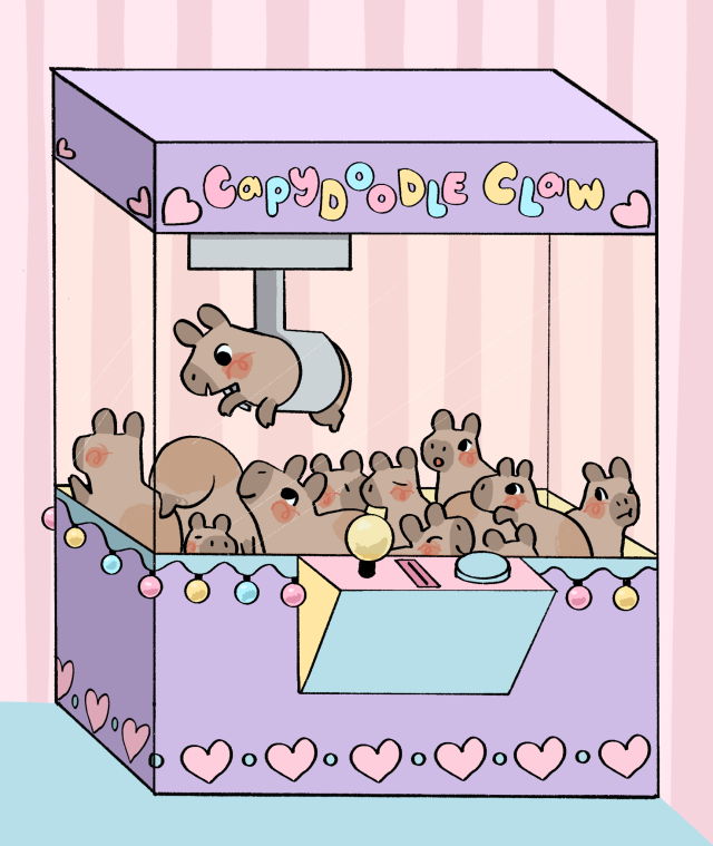 a digital drawing of a pastel colored claw machine. inside are several tiny cartoon capybaras. one of them is being lifted by the claw. the machine is named capydoodle claw. end id