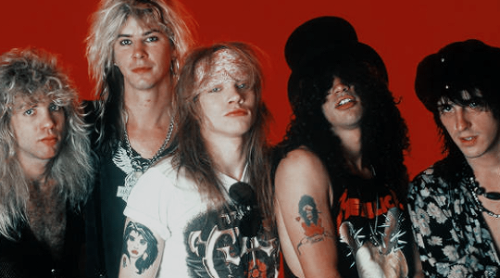 Guns N&rsquo; Roses pose for a portrait on May 7, 1988 at Detroit State Theater in Detroit, Mich