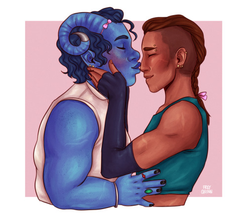 sevenredrobes: kalmerabroun: first kiss of the year!! im not caught up and i miss them. [ID: A drawi