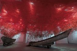art-tension:  Chiharu Shiota weaves an immersive labyrinth of keys and yarn   “The key in the hand“ as visitors to the 2015 venice art biennale enter  the japan pavilion, a red immersive expanse infills the building’s  ceiling and walls, intertwining