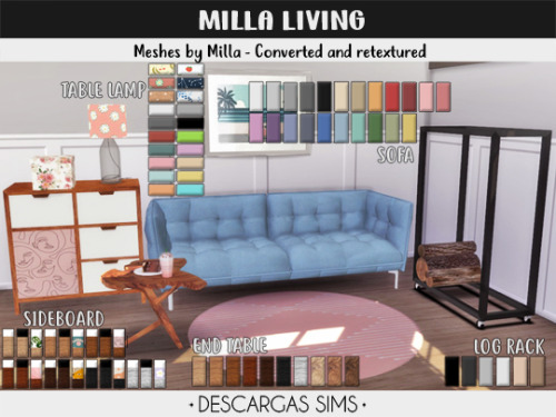 Milla Living5 items:- Sofa (22 swatches)- End Table (10 swatches)- Table Lamp (20 swatches)- Sideboa