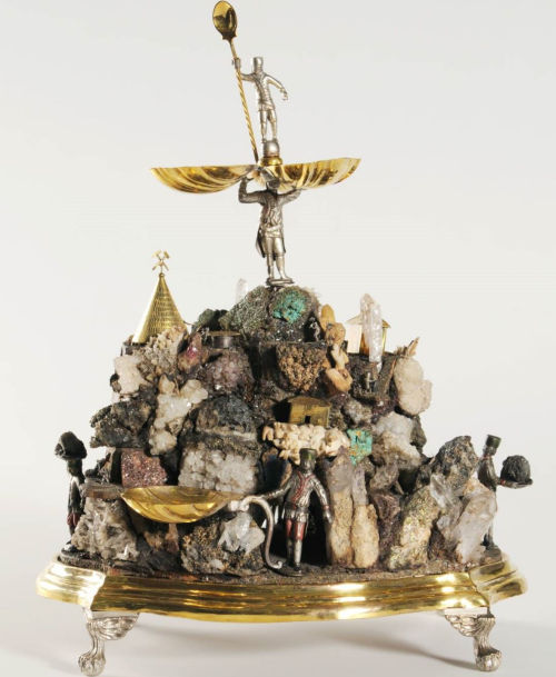 18th century salt cellar made form minerals to represent mountains and miners.MAK Vienna